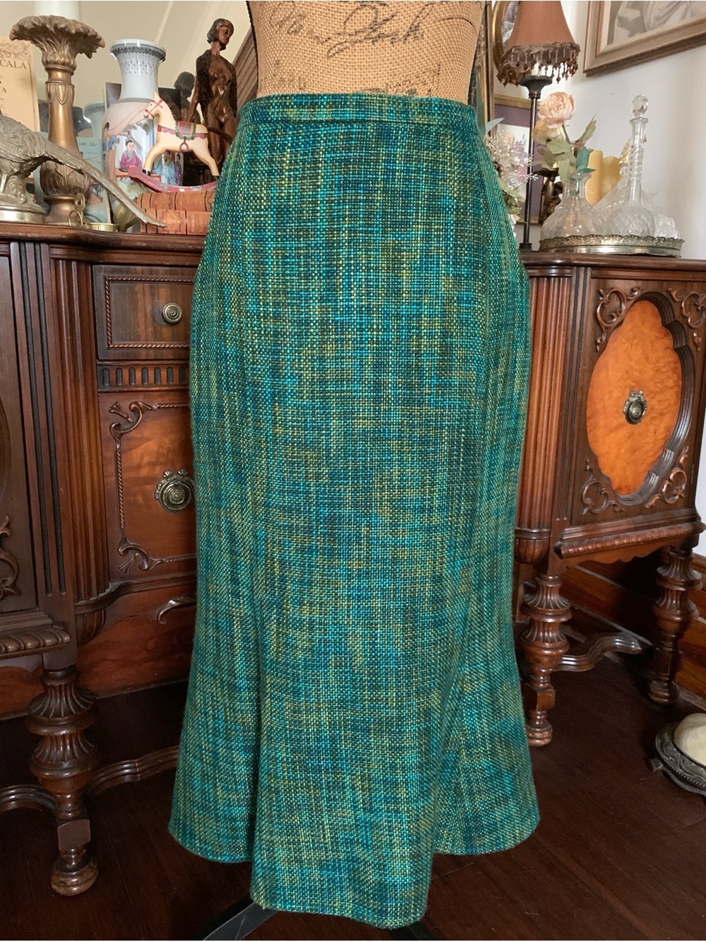 Vintage Victorian-inspired 50's-inspo Edwardian-inspo Turquoise Tweed Skirt - Picture 2 of 16